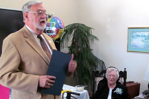 Fort Smith Mayor Sandy Sanders proclaims Jan. 6 as Sister Mary Reginald Mooney Day at her birthday party.