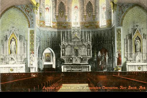 Postcards featuring churches were unique in that companies produced images of the interior as well as the exterior, such as this undated card depicting Immaculate Conception Church in Fort Smith. Image courtesy of The Hanley Collection