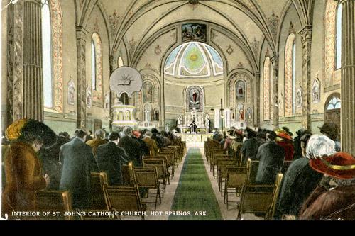 Postcard companies printed cards that featured photographs, as well as artist's renderings taken from photos, such as this image of St. John Church in Hot Springs, mailed May 14, 1914. Image courtesy of The Hanley Collection