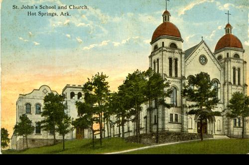 This is another example of an artist rendering taken from a photograph, an undated card featuring St. John Church in Hot Springs. Image courtesy of The Hanley Collection