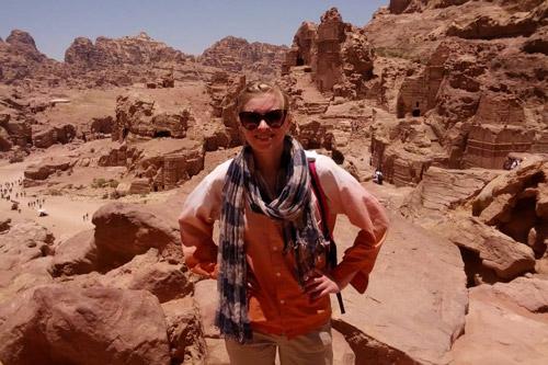 "This is the life I’ve always wanted to live, full of adventure and helping people, and this is the person I’ve always wanted to be, independent, daring, unafraid." Hebda poses near the altar of high sacrifice at Petra, Jordan.