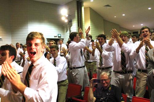 Catholic High seniors cheer the announcement of a nearly $10 million gift to the school’s capital campaign from Gene and Jerry Jones of Dallas, Denise and John York of San Francisco and an anonymous alumnus. Dwain Hebda photo
