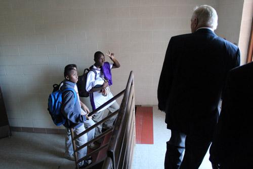 Freshmen football players freeze at the sight of Jerry Jones as the NFL owner took a tour of Catholic High School Oct. 10. Dwain Hebda photo