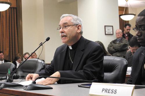 Bishop Anthony B. Taylor testifies for the abolition of the death penalty Jan. 30. Bishop Taylor delivered his remarks to the Arkansas Senate Judiciary Committee before a packed gallery. Arkansas Catholic photo by Dwain Hebda