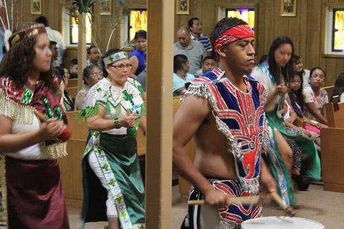 A drummer sets the tone for the parish Aztec dance troupe, which participated during Mass at St. Anne Church. Dwain Hebda photo