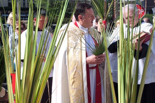 Father George Sanders, pastor of St. Mary Church in Hot Springs, presides over the Palm Sunday blessing March 29. (Courtesy Judy Peters)