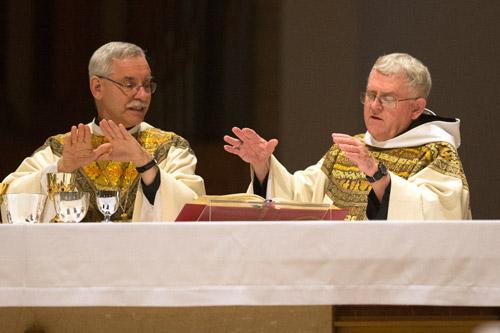 Bishop Taylor and Abbot Leonard celebrate Mass at Subiaco Abbey May 7. (Karen Schwartz)