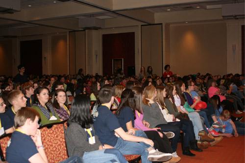 Keynote speaker Monica Kelsey encouraged participation from the crowd of about 550 teenagers. (Aprille Hanson photo)