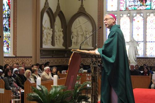 Drawing parallels between the pro-life struggle and the marriage at Cana, Bishop Anthony B. Taylor delivers his homily before a packed Cathedral of St. Andrew Jan 17. (Dwain Hebda photo)