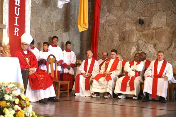 The day before the anniversary of Father Stanley Rother’s death, priests from Little Rock and Oklahoma City celebrate Mass with Oklahoma City Archbishop Paul S. Coakley at St. Martin of Tours Church in Cerro de Oro on July 27. Little Rock Bishop Anthony B. Taylor gave the homily. 