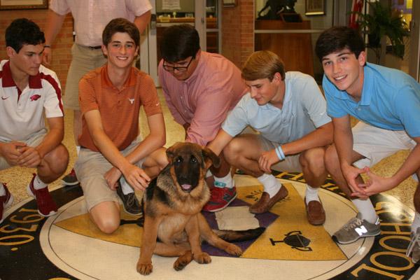 The school has a long tradition of dogs on campus that act as unofficial therapy dogs to provide comfort and companionship for students. Pictured are juniors Blake Schulterman (left), Payne Hill, Conor Rutelonis, Harry Cummins and Alex Harris. (Aprille Hanson photo)