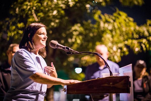 Sheila Pursell shares inspirational words to encourage those in attendance at the prayer vigil to persevere to end abortion. (Travis McAfee photo)