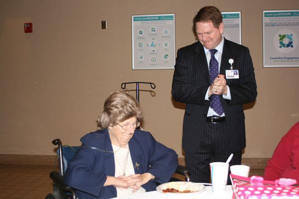 Chad Aduddell, CEO of CHI St. Vincent, thanked Sister Margaret for her years of service and vowed that the lay people will carry on the Catholic mission set by the Sisters of Charity of Nazareth, who founded the hospital in 1888. She was the last sister from her order serving at St. Vincent. (Aprille Hanson photo)