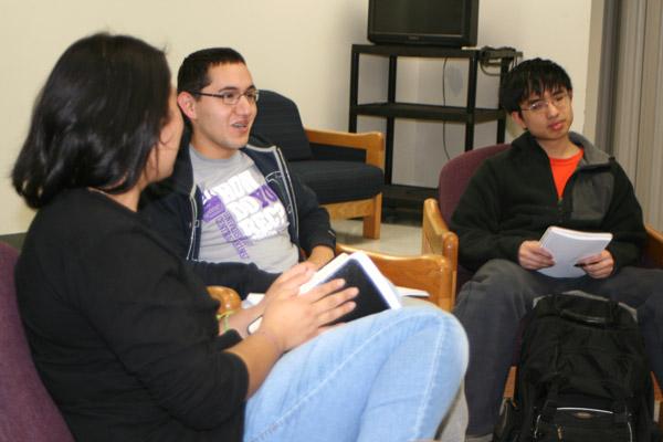 Jordan Rivera, 20, a junior at UCA, shares during a student-led Bible study what Lent means to him. Also pictured are sophomore Karen Valentino (left) and senior Joseph Pham. 