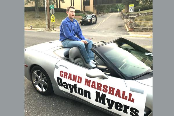 Dayton Myers, who led the squires to put on the breakfast and interfaith prayer service with help from the Knights of Columbus, was honored as grand marshal during an evening parade of first responders on Sept. 11. (David Myers photo; not for sale)