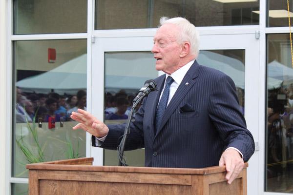 Jerry Jones, owner of the Dallas Cowboys and Arkansas native, delivers remarks during dedication ceremonies of the Gene and Jerry Jones Family Academic and Athletic Annex Aug. 30. (Dwain Hebda photo)