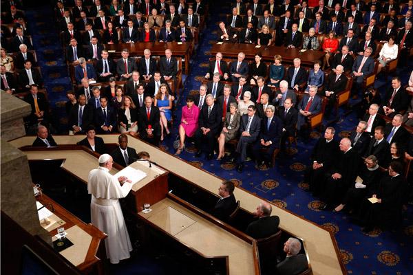Pope Francis addresses a joint meeting of Congress at the U.S. Capitol in Washington in this Sept. 24, 2015, file photo. The pope made history as the first pope to address Congress. (CNS / Paul Haring)