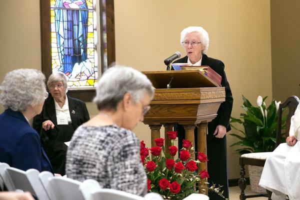 Sister Maria DeAngeli addresses the congregation after Communion at the dedication Mass of St. Scholastica Monastery Chapel. (Karen Schwartz photo)