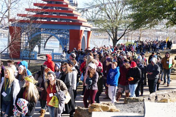 Hundreds of teens and families bundled up to participate in the procession to pray for an end of abortion and protection of all life. It was 30 degrees at the start of the procession in downtown Little Rock. (Malea Hargett photo)