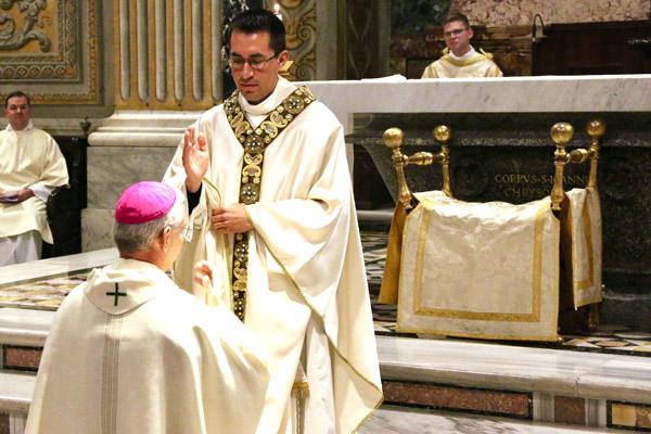 Father Amaro blesses Bishop Anthony B. Taylor at the end of his priestly ordination Mass. (Denis Nakkeeran photo, Pontifical North American College)