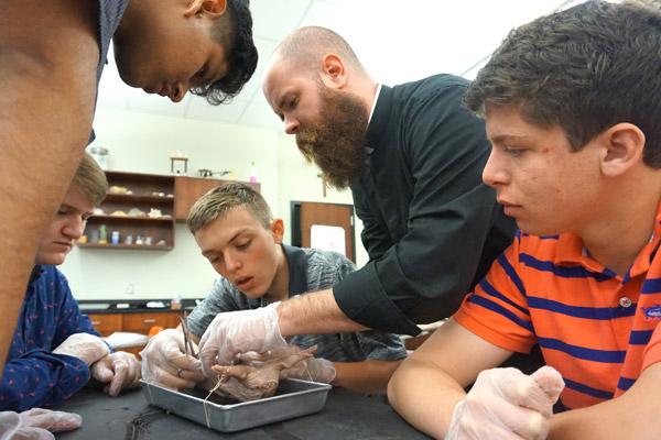 Father Patrick Friend, 30, helps his sophomore biology students dissect a fetal pig in lab at Catholic High School in Little Rock May 2. From playing the latest video games to sitting with students at lunch, he lets students know he’s “genuinely interested” in their lives. (Aprille Hanson photo)