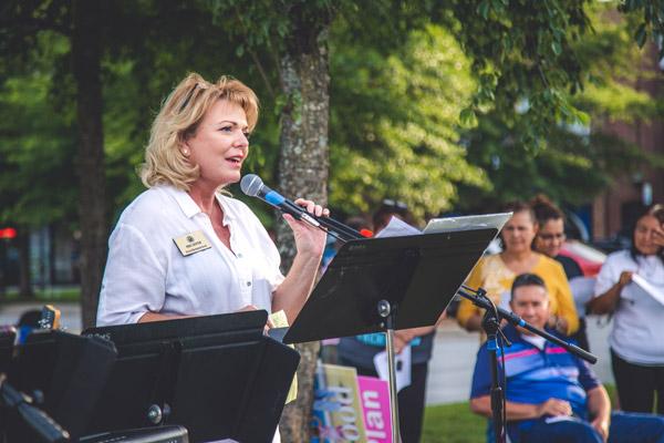 State Rep. Robin Lundstrum speaks during the July 25 prayer service on the closing day of the Planned Parenthood clinic in Fayetteville. (Travis McAfee photo)