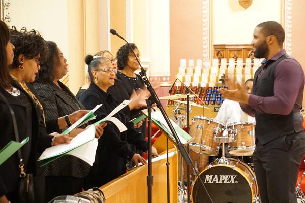 A diocesan choir from St. Peter Church in Pine Bluff, St. Bartholomew Church in Little Rock and St. Augustine Church in North Little Rock lead the music at the Cathedral on Jan. 11. (Malea Hargett photo) 