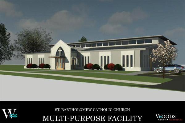 This artist’s rendering shows the planned new Parish Life Center for St. Bartholomew Church in Little Rock. Support from across the diocese through the One Church initiative is hoped to add enough to the parish’s savings to let them start construction. (Courtesy Woods Group Architects)