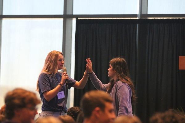 Members of the Diocese of Little Rock’s Youth Advisory Council lead icebreakers to help attendees relax before Saturday’s session of the 70th Annual Catholic Youth Convention April 8 – 10.