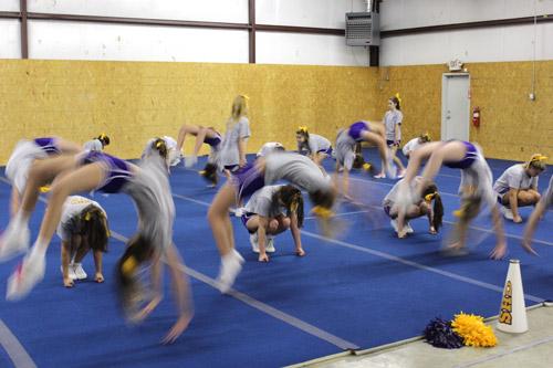 To prepare for games and competitions, MSM cheerleaders put in extra time at the gym as well as in dance and gymnastics classes.