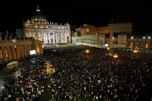A large crowd is seen from above in St. Peter's Square after white smoke rose from the chimney above the Sistine Chapel, indicating a new pope has been elected at the Vatican March 13. The conclave to elect a new pope met over two days before making a decision. 
(CNS/Max Rossi, Reuters)
