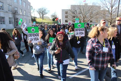 The Knights of Columbus handed out 1,000 bilingual placards to participants of all walks of life during the Jan. 17 March for Life at the State Capitol in Little Rock. (Dwain Hebda photo)