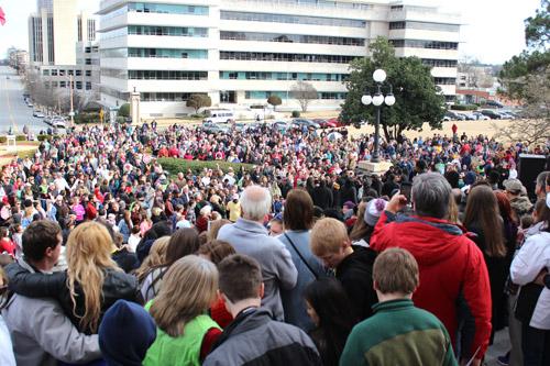Thousands of pro-life marchers flooding the east steps of the State Capitol Building and surrounding lawn listen to a gospel choir perform during the March for Life. (Dwain Hebda photo)