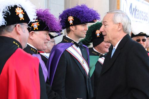 Gov. Asa Hutchinson greets members of the Knight of Columbus following the March for Life program on the steps of the State Capitol. Multiple Arkansas councils were represented in the Knights' honor guard. (Dwain Hebda photo)