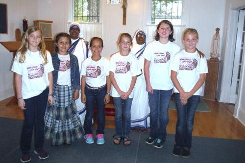 Members of the Little Flowers Girls Club prayed a holy hour with the Missionaries of Charity sisters. The girls pictured are: Rachel O'Neal; Maria Teresa Stengel; Madeline Stengel; Hailey Stengel; Emma Kuykendall; and Brittney Stengel. 