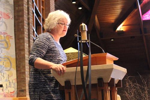 Cackie Upchurch, director of Little Rock Scripture Study, delivers a meditation titled "God's Mercy," March 5 at Our Lady of the Holy Souls Church in Little Rock. (Dwain Hebda photo)