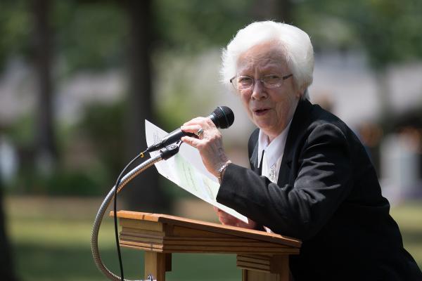 Prioress Sister Maria DeAngeli gives the opening remarks at the groundbreaking ceremony May 10 for a smaller monastery. 