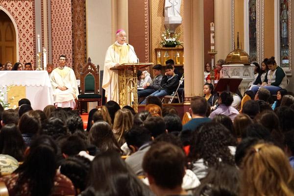 Bishop Taylor speaks to 700 teens and chaperones during the Mass for Life for youth Jan. 21. (Malea Hargett) 