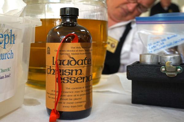 The fragrance Laudate Chrism Essence is a blend of aromatic oils that’s mixed with three gallons of olive oil to create the chrism. It is the only oil to have a fragrance out of the three. (Aprille Hanson photo)