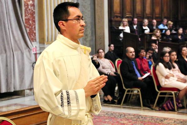 At the beginning of his ordination Mass May 11, Father Martín Amaro stands in in the Choir Chapel of St. Peter Basilica. (Denis Nakkeeran photo, Pontifical North American College)