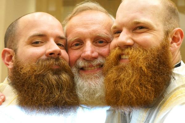Deacon Joseph Friend (right) had been growing a longer beard for a while, but this past year his brother Father Patrick Friend (left) and his uncle Msgr. Scott Friend got into the game. (Malea Hargett photo)
