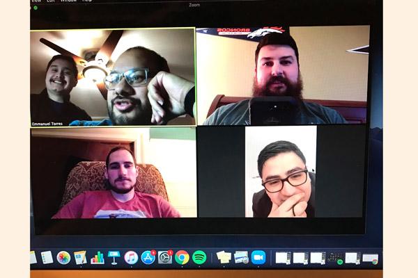 Seminarians in the 2021 ordination class keep in touch with a video conference March 28, including Alex Smith and Emmanuel Torres (upper left), Brian Cundall (upper right) Ben Riley (lower left) and Omar Galvan. (Brian Cundall photo) 