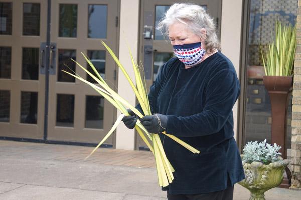 Judi Lebeouf, a parishioner at St. Oscar Romero Community in Greenbrier, picks up blessed palms for fellow parishioners at St. Joseph Church in Conway April 4. (Aprille Hanson photo) 