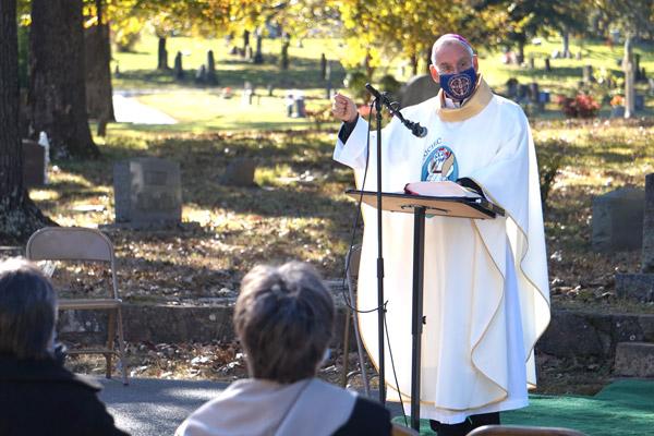 Bishop Anthony B. Taylor discusses purgatory in his homily, likening an unpurified soul in heaven to a “3-year-old in Paris,” making purgatory necessary to enjoy the purity of heaven. (Aprille Hanson photo) 