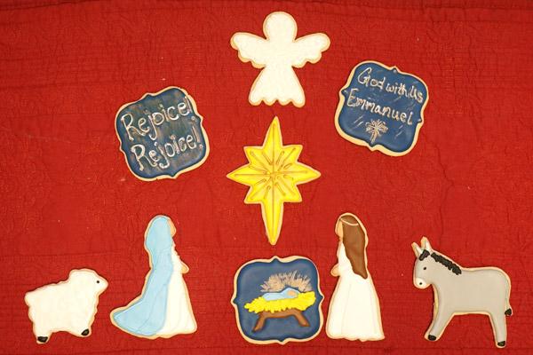 This Nativity scene includes Mary, Joseph, Jesus in a manger, angel, sheep, donkey and star, all made with Jennifer Kilpatrick’s homemade sugar cookies decorated with royal icing. (Malea Hargett photo)