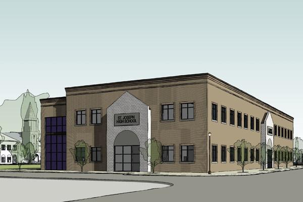 This architect’s rendering shows what the new building for St. Joseph High School in Conway will look like on the northeast side. (Courtesy H+N Architects) 