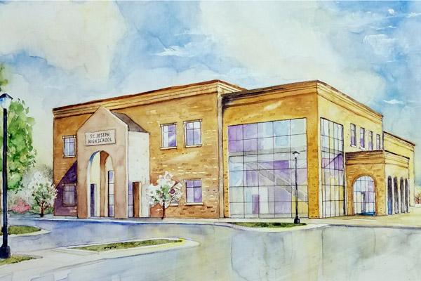 This painting shows a different aspect of a planned new 39,000-square-foot high school building for St. Joseph in Conway. The school is restarting its $10.9 million capital campaign delayed by the pandemic. (Courtesy H+N Architects)
