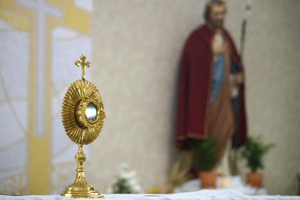 A second class relic of St. Joseph, a piece of his cloak, sits on the altar at St. Joseph Church in Conway March 19. Father T.J. Hart, pastor at St. Francis of Assisi Church in Little Italy, brought the relic for Conway parishioners to view. (Aprille Hanson Spivey photo)