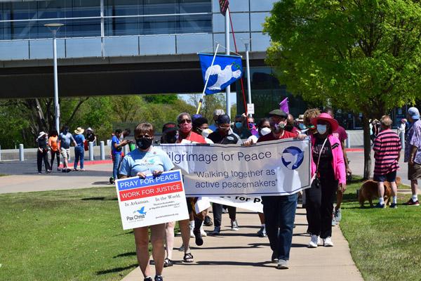 More than 100 people walked in the Pilgrimage for Peace, starting in downtown Little Rock April 11. The event was organized by Pax Christi Little Rock. (Courtesy Pax Christi Little Rock) 