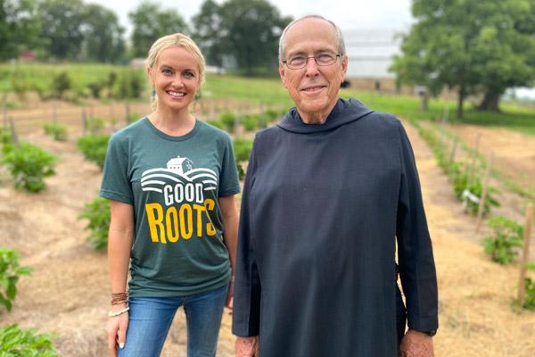 Father Richard Walz, OSB, introduces “Good Roots” host Lauren McCullough to the Subiaco pepper patch June 24 during filming of an episode for the Arkansas PBS television series. (Courtesy Arkansas PBS)